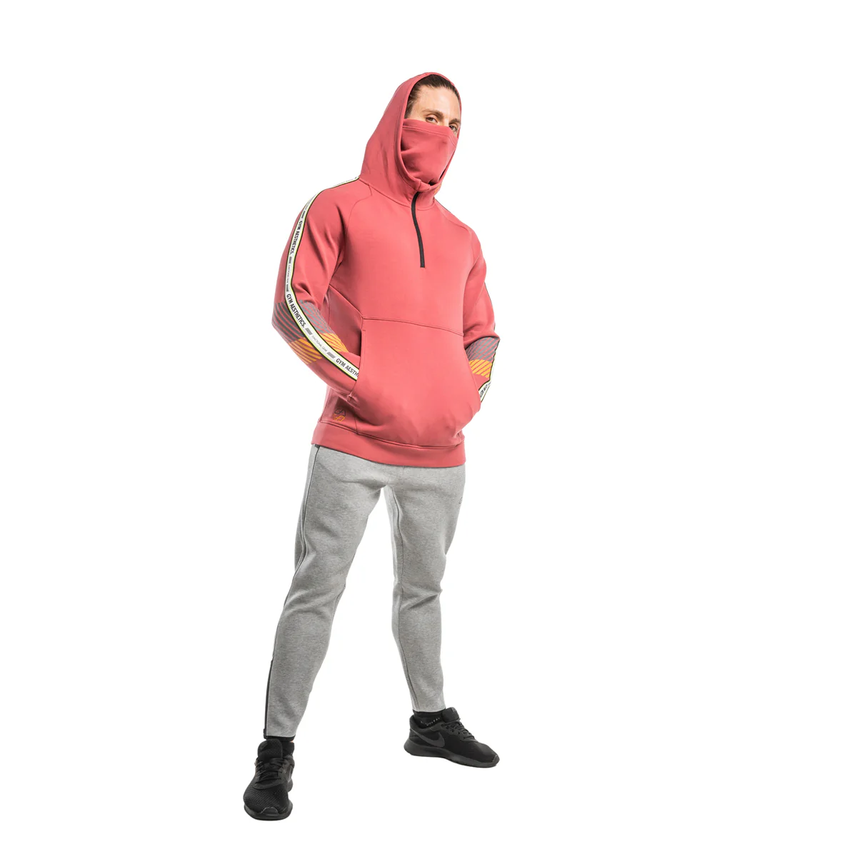 Protection Detachable Mask 1/2 Zip Mock Hoodies for Men - Image 43
